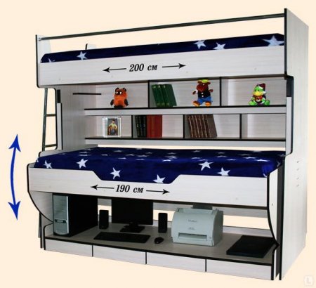 Детская двухъярусная стол кровать с дополнительными полками для книг и ящичками для хранения письменных принадлежностей
