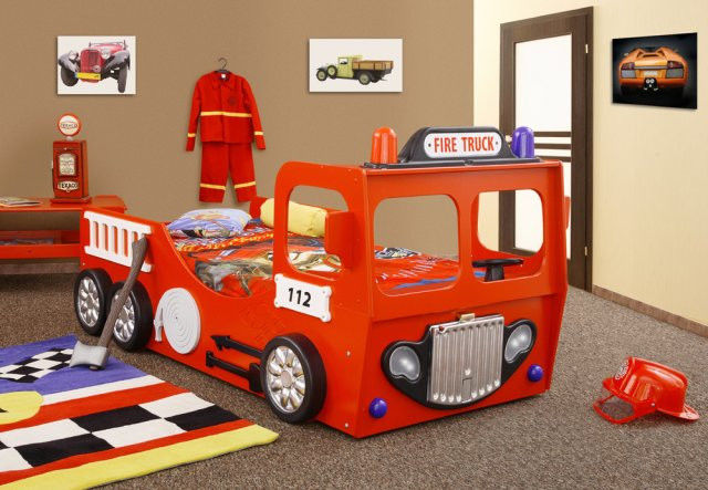 Детская кровать пожарная машина с матрасом