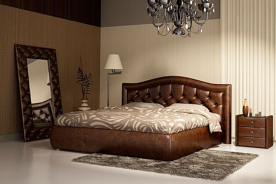 Дорогая шикарная кровать, выдержанная в коричневом цвете