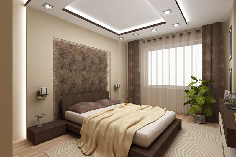 Интерьер комнаты с коричневой кроватью