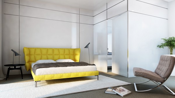 Минималистичный дизайн спальни с желтой кроватью