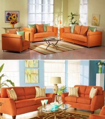 Примеры оформления интерьера с оранжевыми диванами