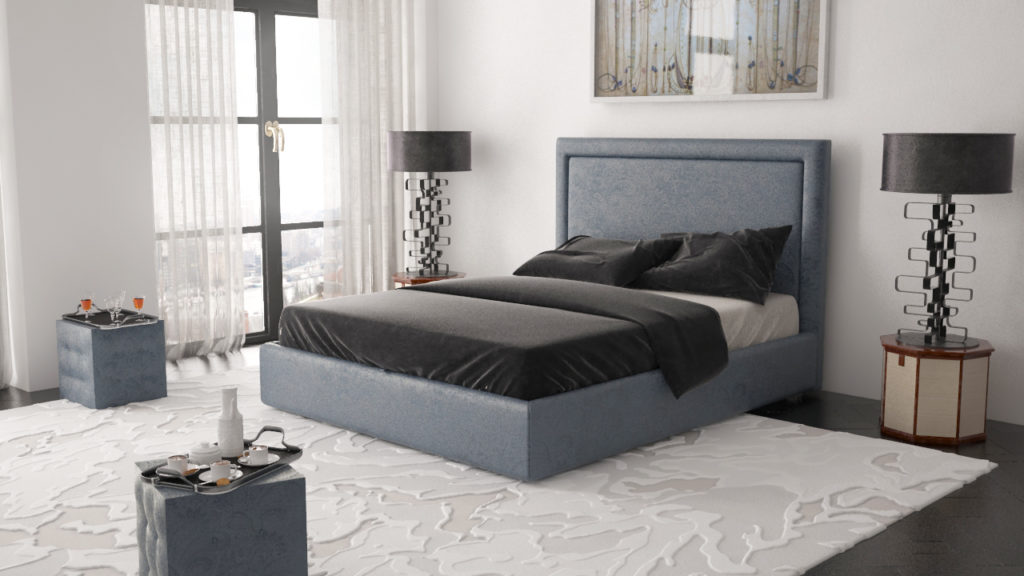Серая кровать с синим оттенком