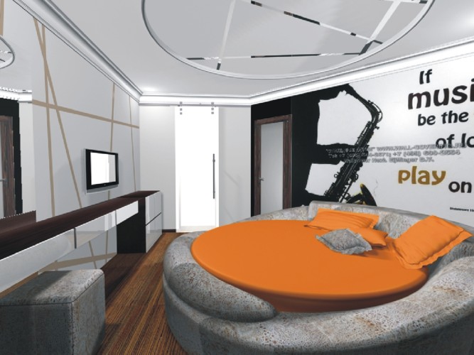 Современная кргуглая кровать, оформленная в оранжевом цвете