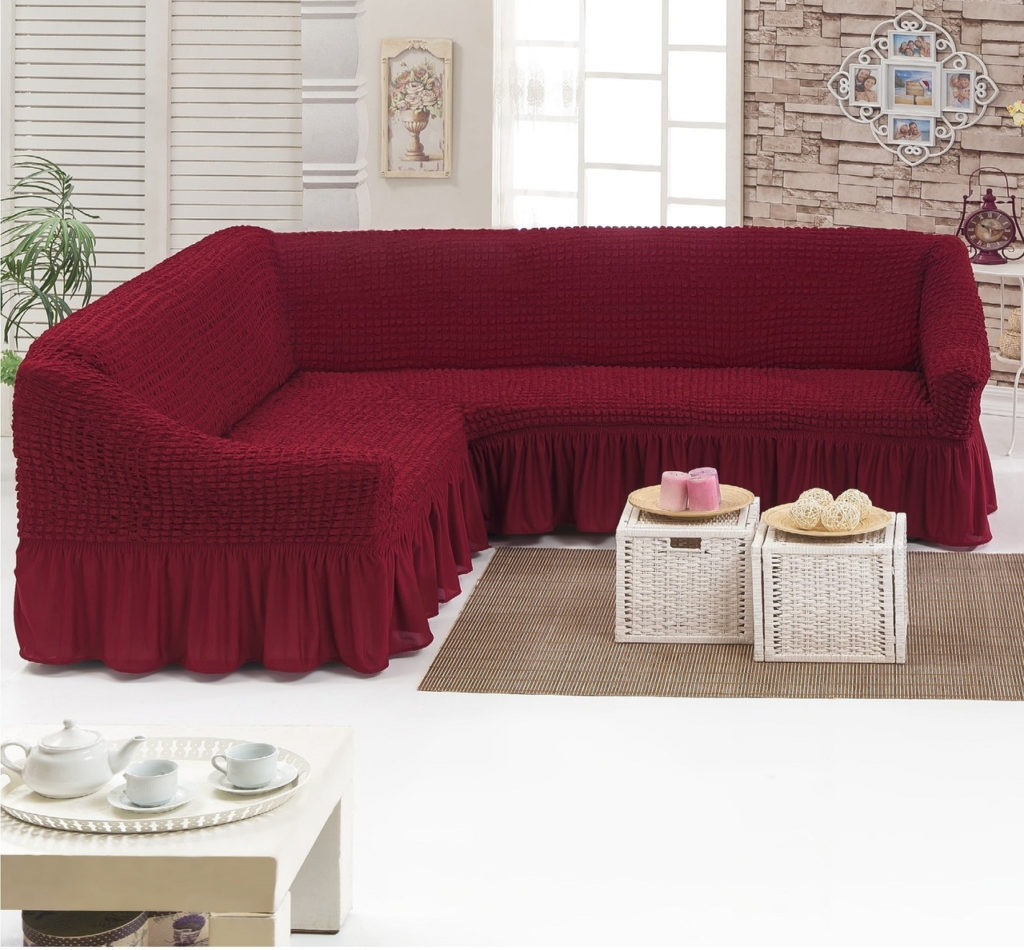 Угловой современный диван в бордовом цвете