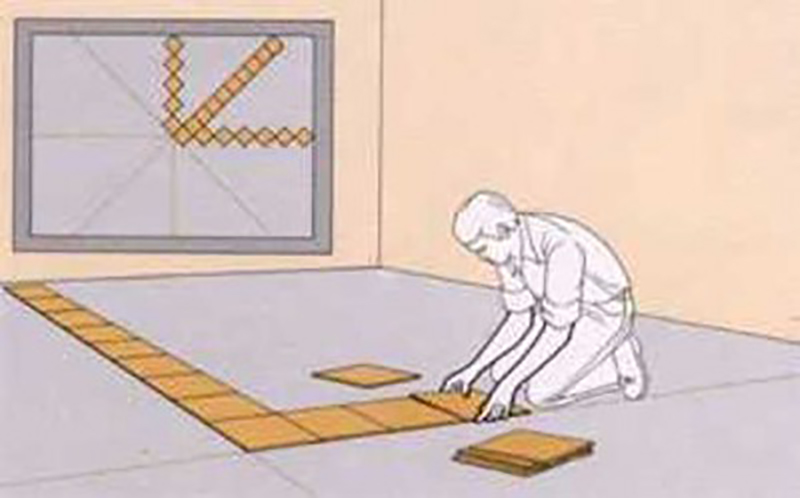 Рубят по диагонали. Укладка кафельной плитки на пол по диагонали. Технология укладки керамической плитки на пол. Разметка под укладку плитки на пол. Разметка пола для укладки плитки.