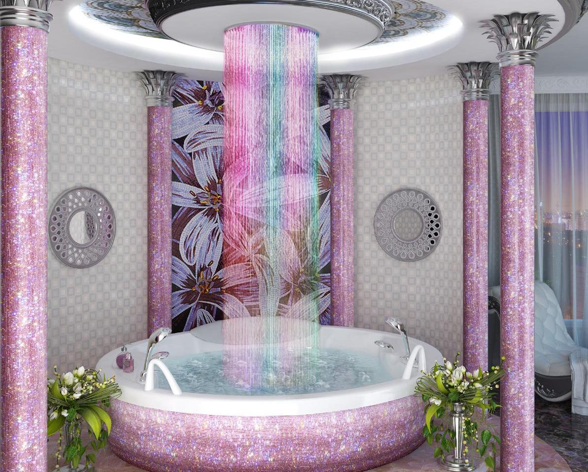 Тропические души. Душ впечатлений «тропический шторм». Джакузи с тропическим душем. Розовая ванная с джакузи. Тропический душ в спа.
