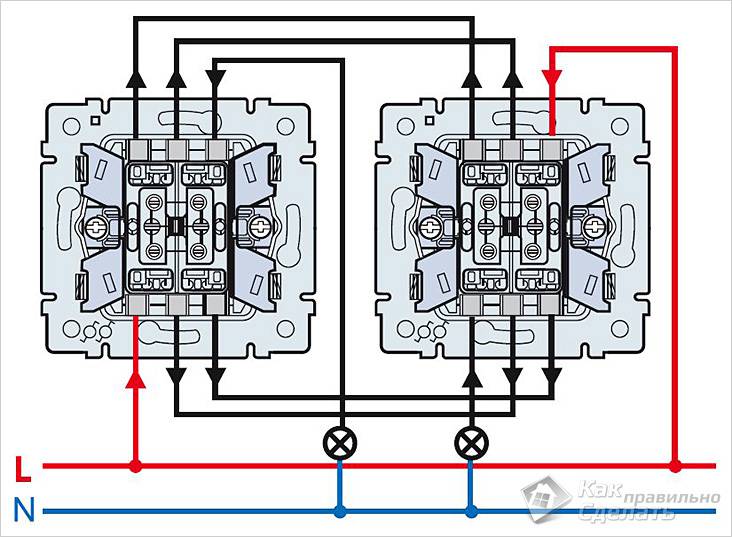 Схема двухклавишного проходного выключателя с двух мест
